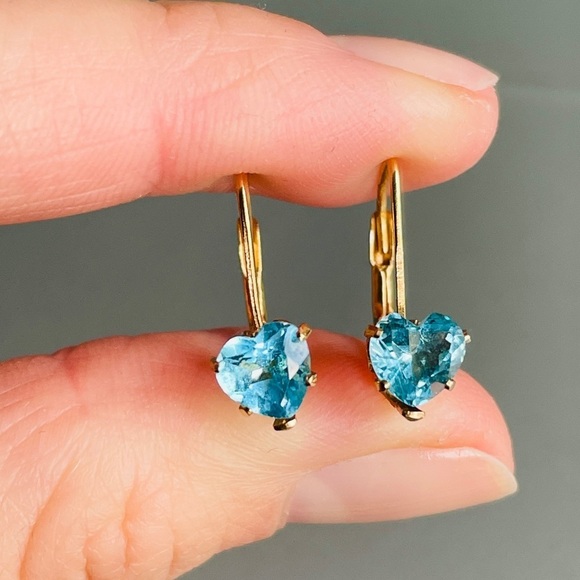 Jewelry - 14k Gold Blue Topaz Heart Leverback Vintage Earrings